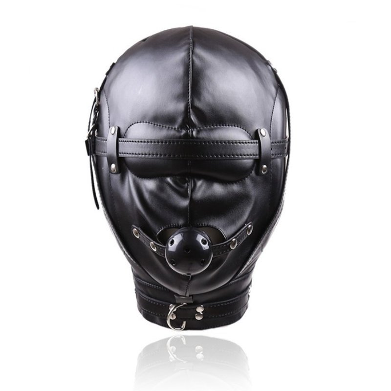 Cagoule simili cuir fermeture complete et ball gag integre
