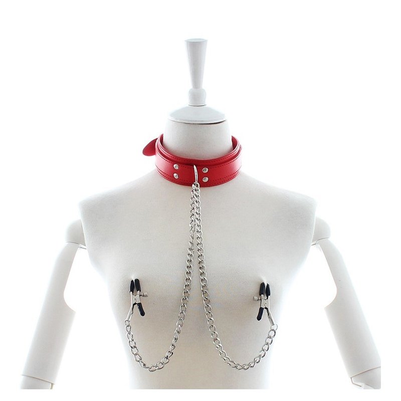 Collier simili cuir noir à pinces tetons