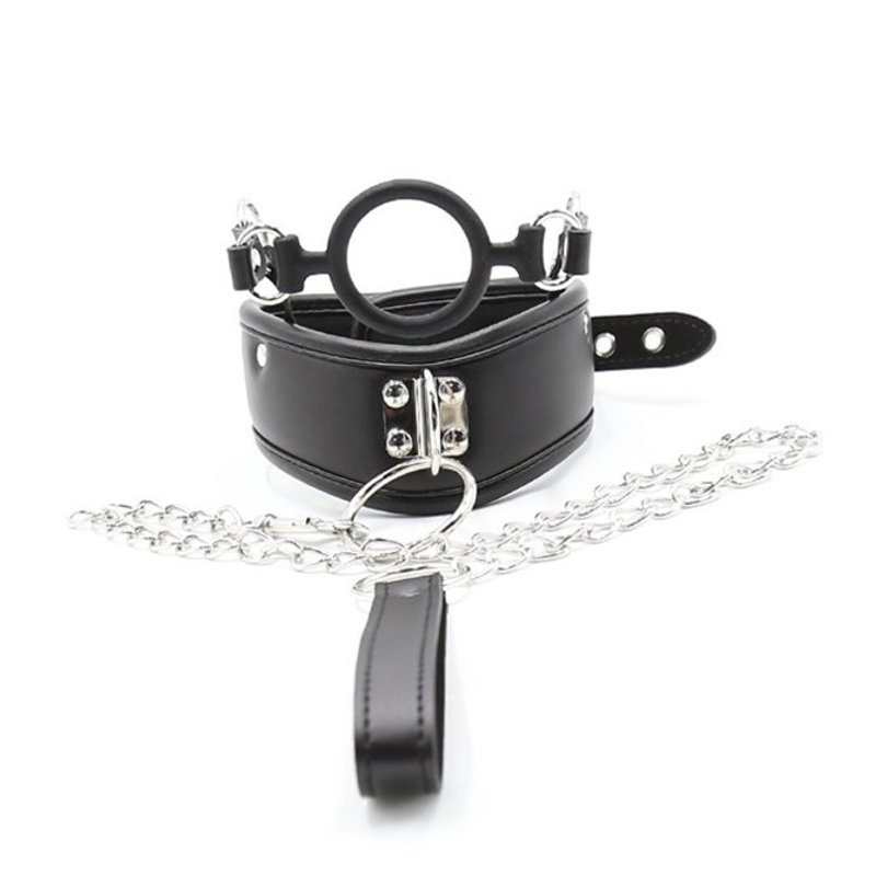 Collier minerve simili cuir noir avec ring gag et laisse