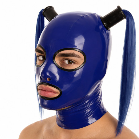 Cagoule latex bleue Outails ouvertures XXL | Nedgy