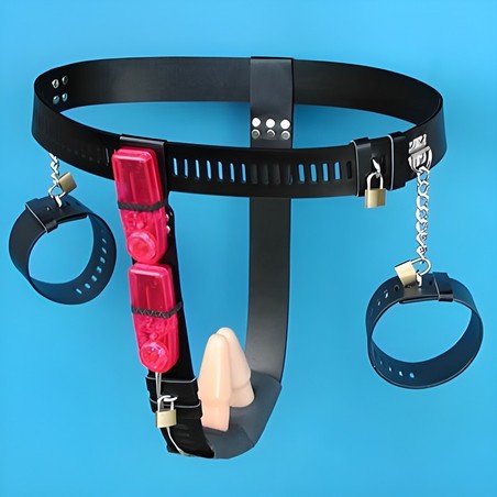 Ceinture de chasteté avec menotte+vibro anal+vibro vaginal