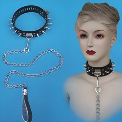 Laisse et collier d'esclavage noir à pointes