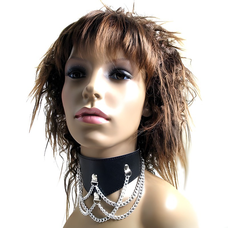 Collier-minerve en cuir noir à chainettes