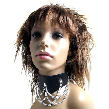 Collier-minerve en cuir noir à chainettes